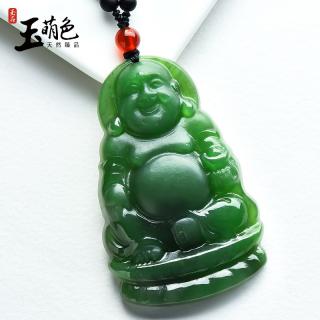 玉萌色 碧玉吊坠女玉佛挂坠和田玉弥勒佛挂件配黑曜石珠链 配证书fg