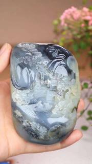 精品和田玉青花摆件 玉质极其细腻油润 油性十足,画面宁