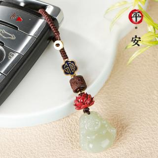 天然和田玉弥勒佛吊坠钥匙扣配朱砂莲花紫檀木六字桶珠款玉石挂件